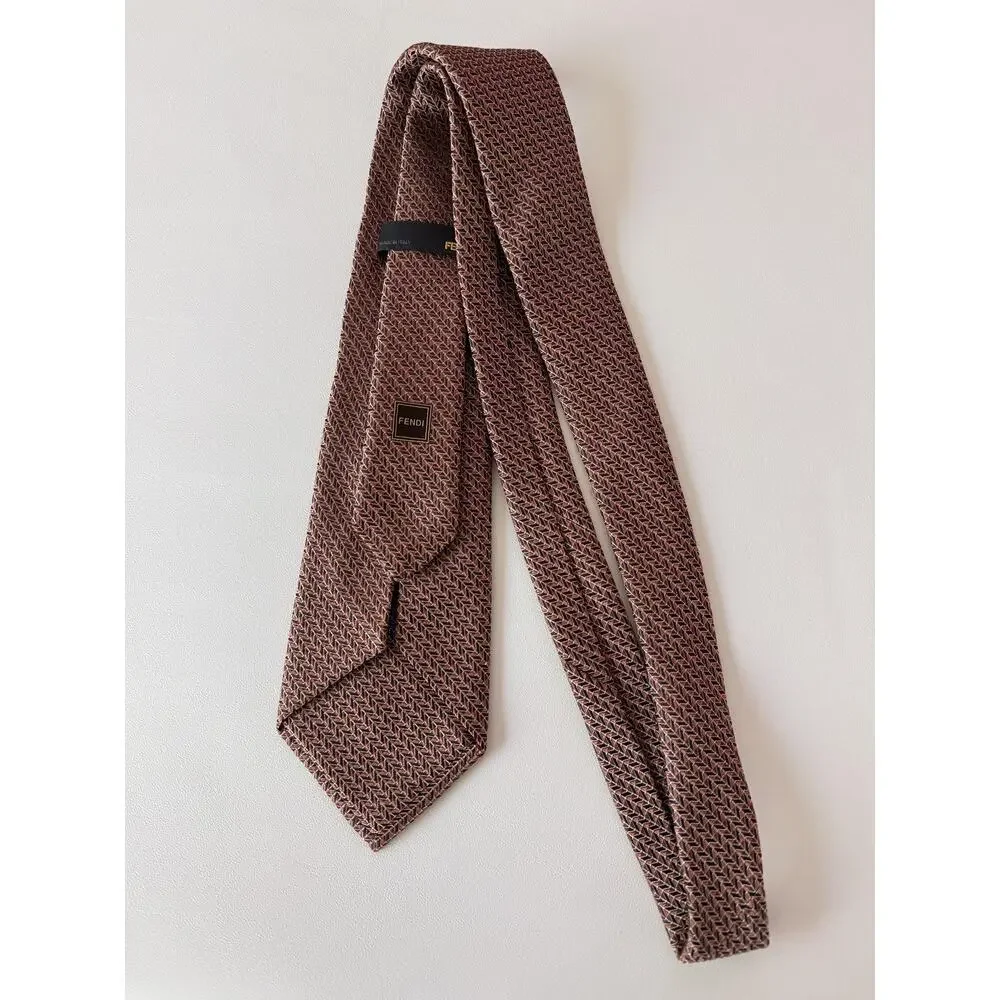 Fendi Tie Mens Pink Brown Herringbone Silk Logo Jacquard Made Italy Designer